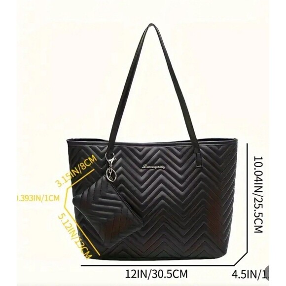 Black Chevron Quilted Tote Bag With Matching Pouch Faux Leather - Picture 2 of 3
